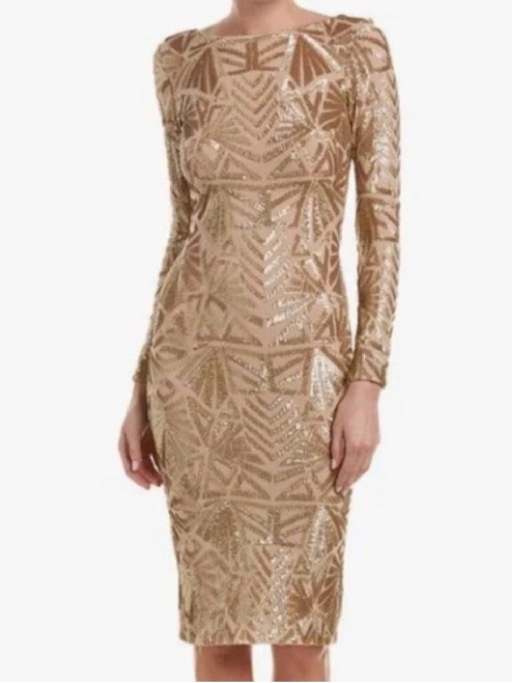 Dress the Population Gold Sequin Geometric Long-Sleeve Sheath Dress